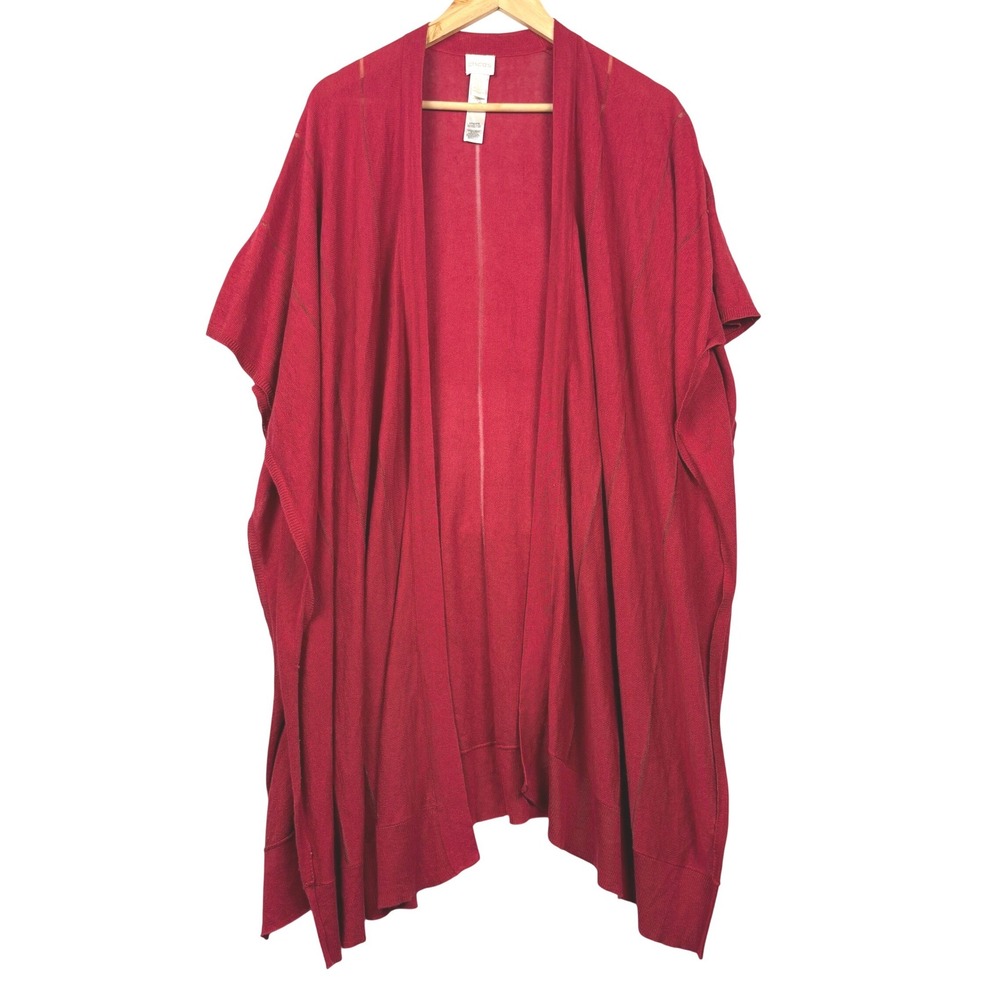 Chicos Red Lightweight Knit Open Wrap Cardigan Kimono Ruana OS Boho Lagenlook